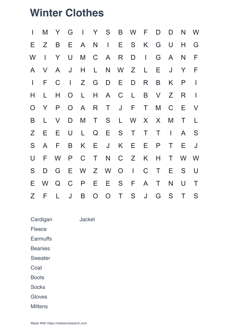 Winter Clothes Word Search