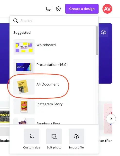 Create A4 document in Canva