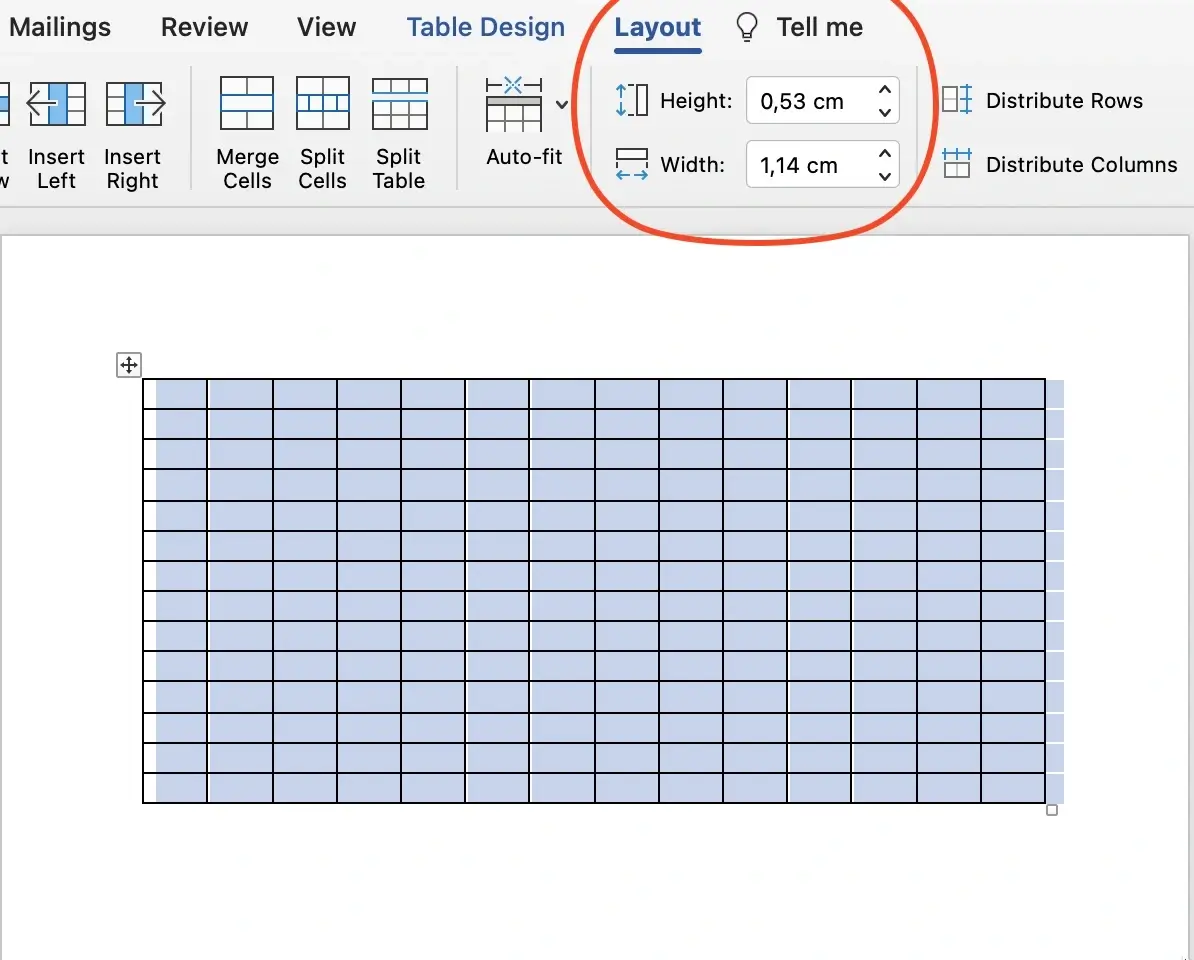 How to set table width and height in Microsoft Word