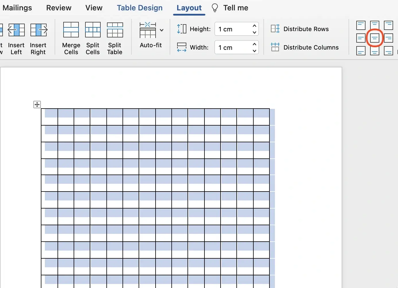 How to center table cells in Microsoft Word