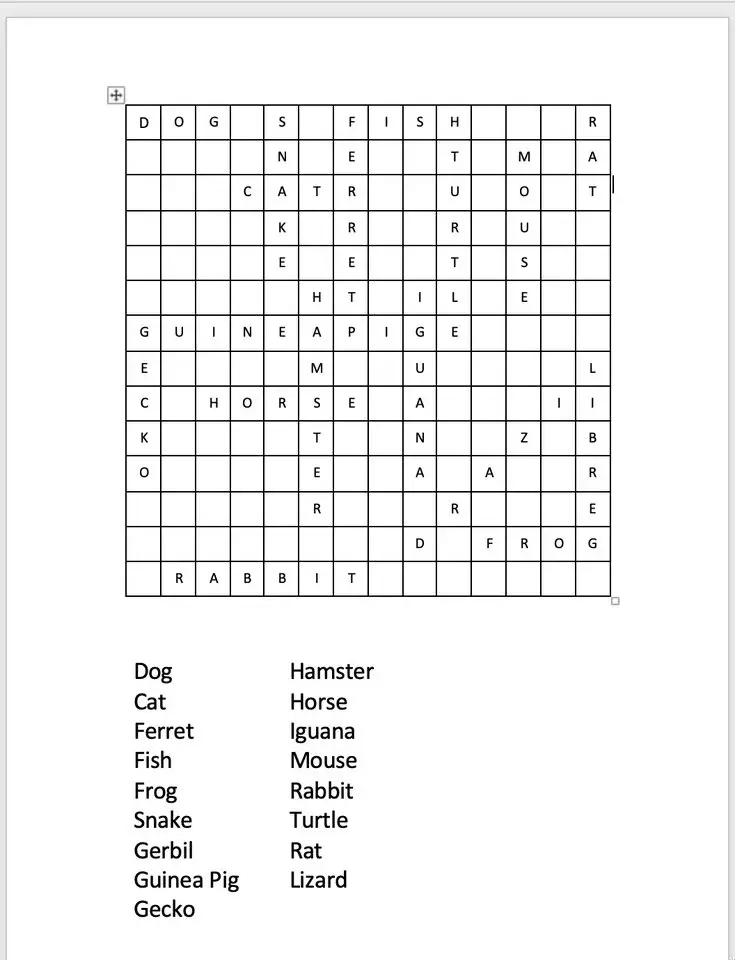 Word Search puzzle made in Microsoft Word