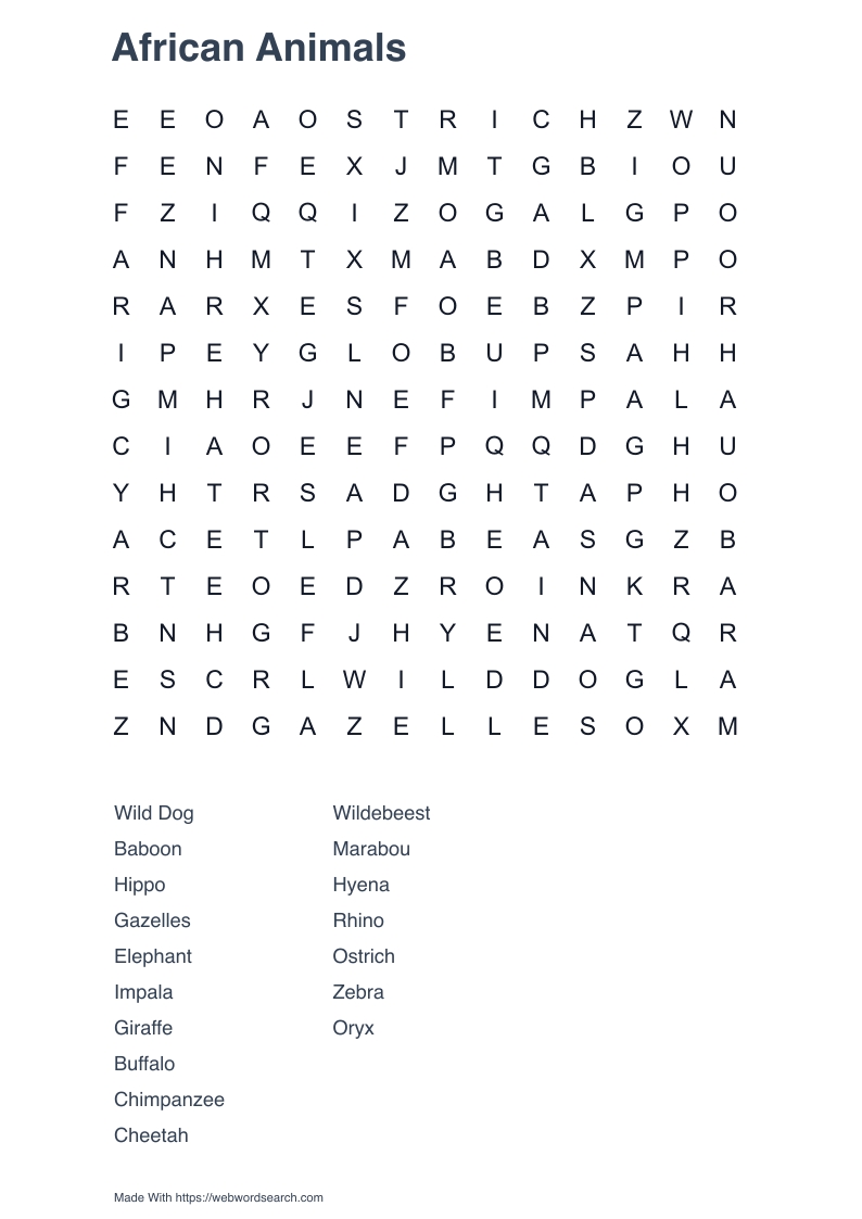African Animals Word Search