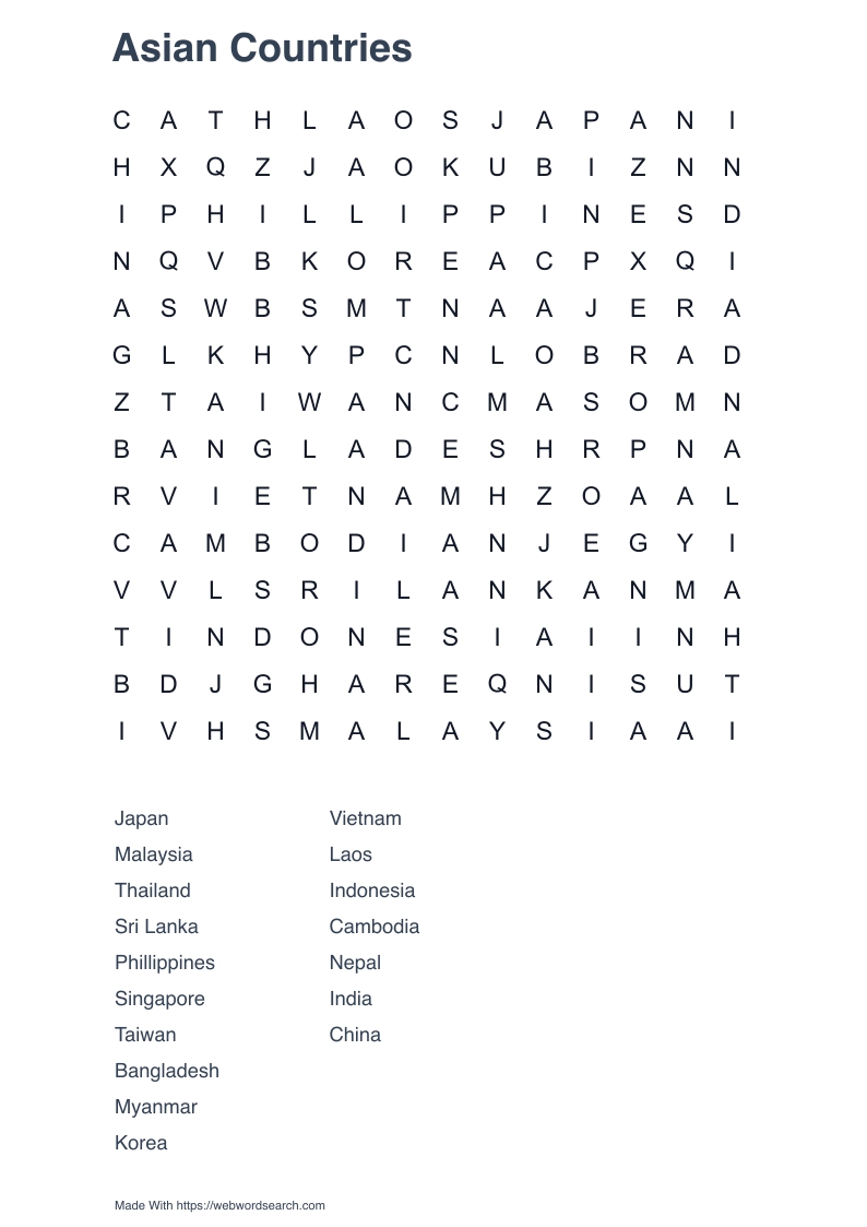 Asian Countries Word Search