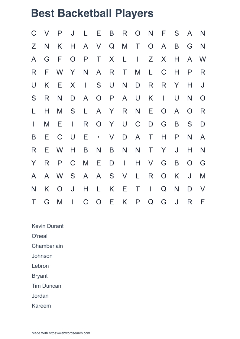 Best Backetball Players Word Search