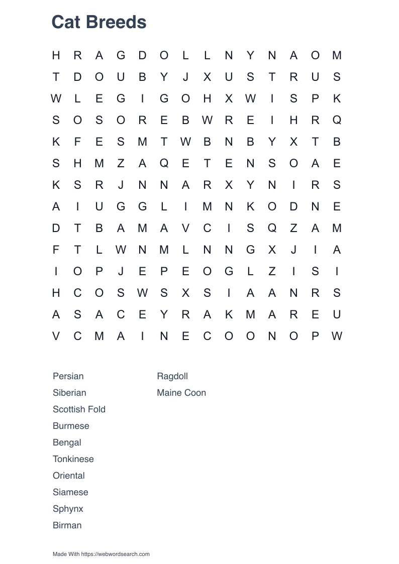 Cat Breeds Word Search