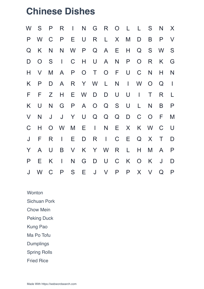 Chinese Dishes Word Search