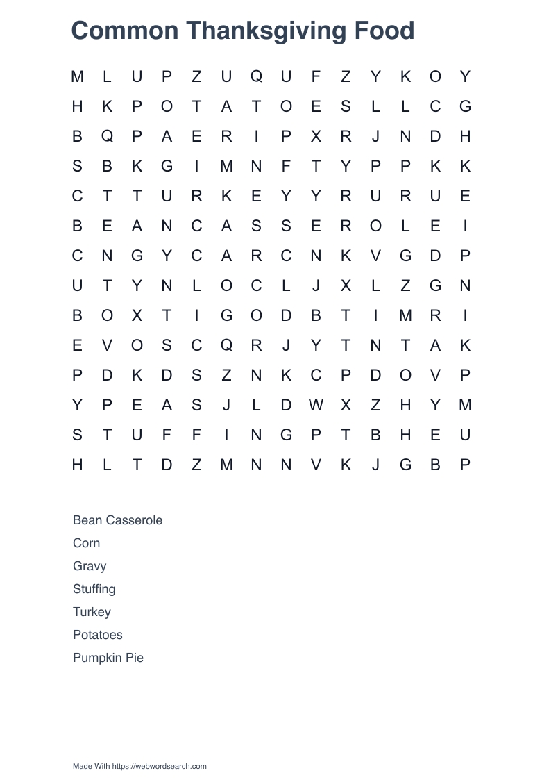 Common Thanksgiving Food Word Search