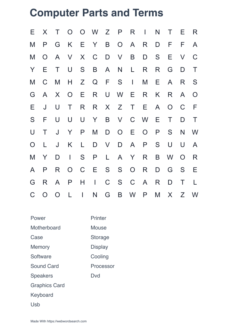 Computer Parts and Terms Word Search