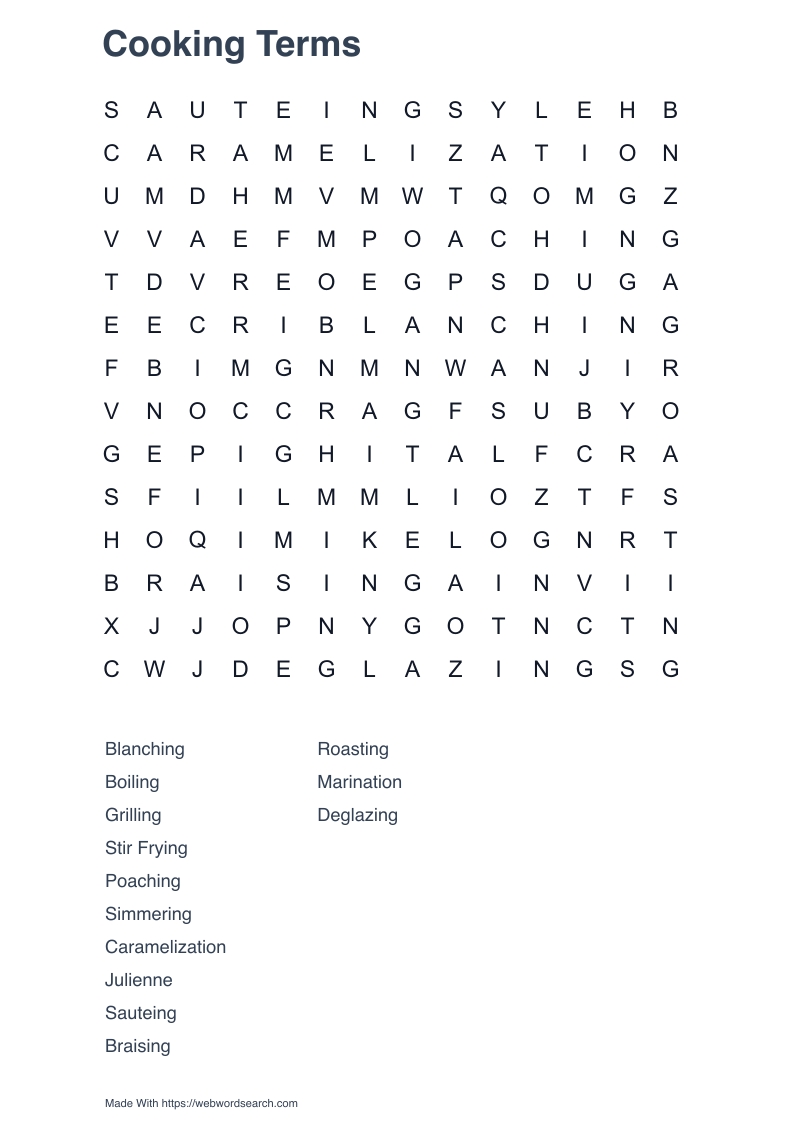 cooking terms word search answer key