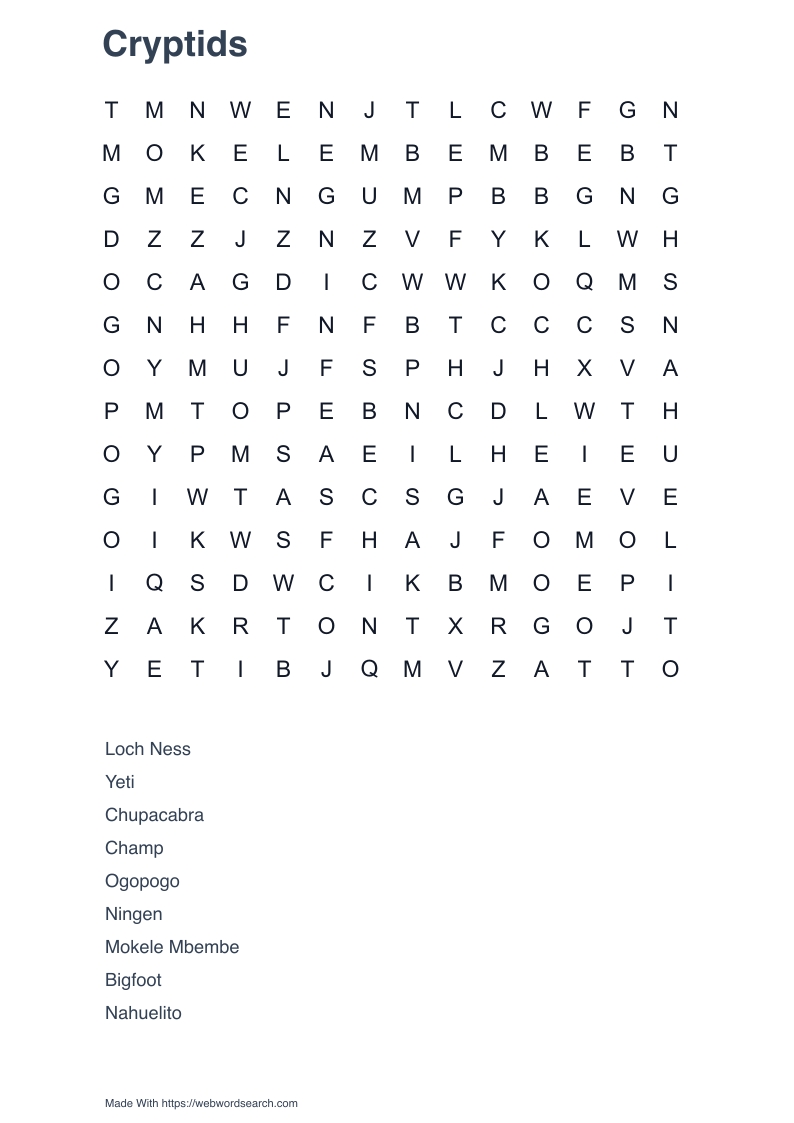 Cryptids Word Search