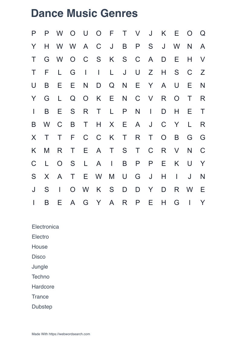 Dance Music Genres Word Search
