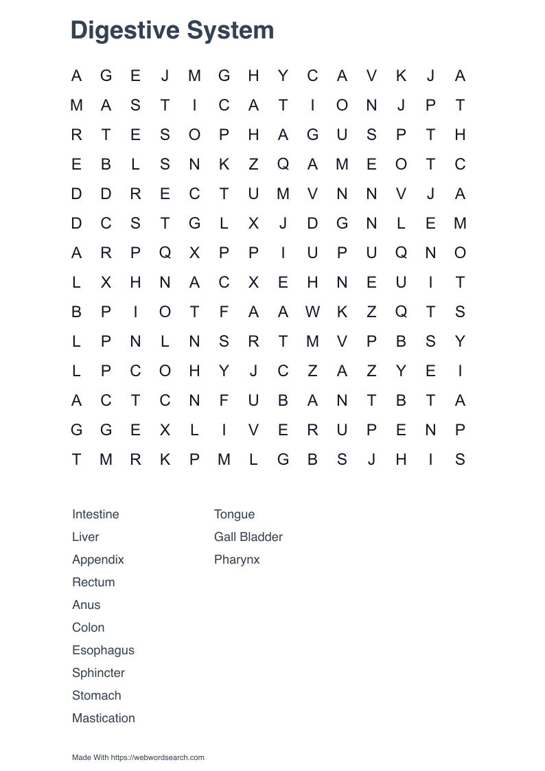 Digestive System Word Search