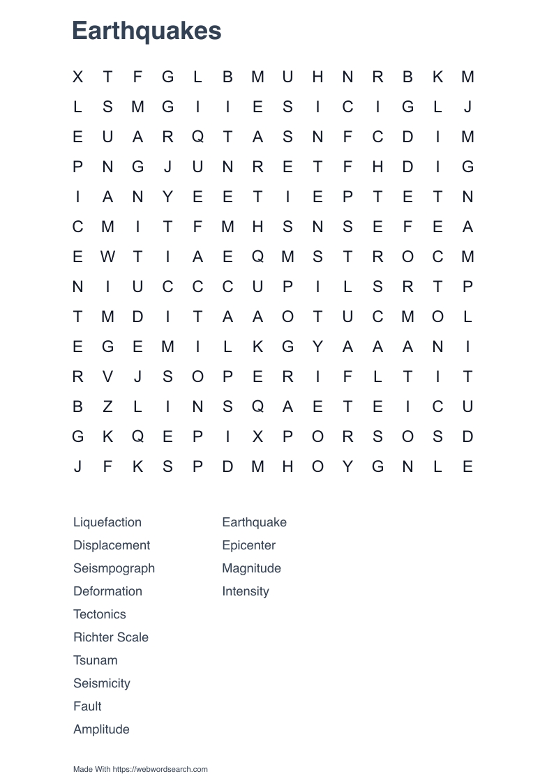 Earthquakes Word Search