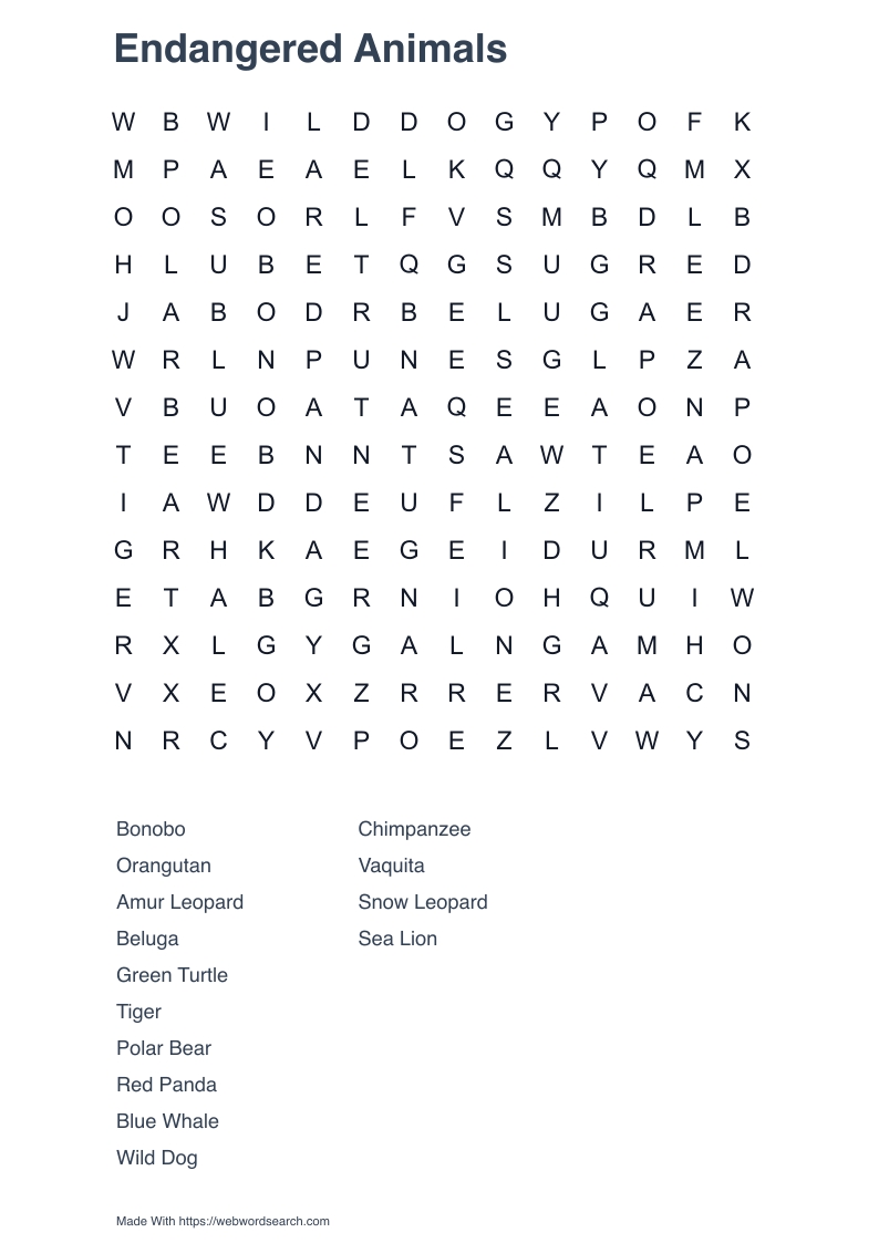 Endangered Animals Word Search