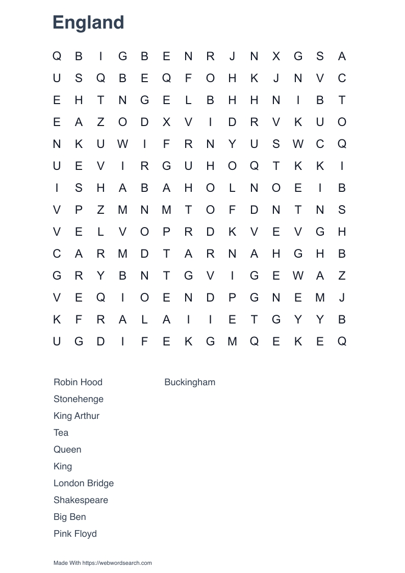 England Word Search