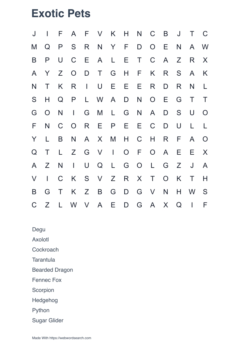 Exotic Pets Word Search