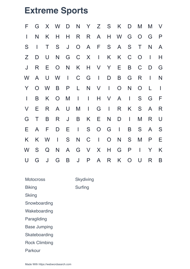 Extreme Sports Word Search