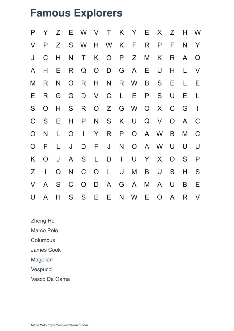 Famous Explorers Word Search