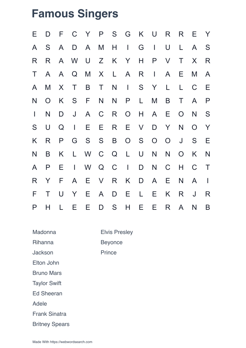 Famous Singers Word Search