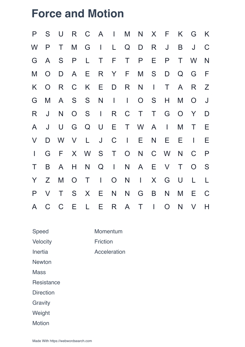 Force and Motion Word Search