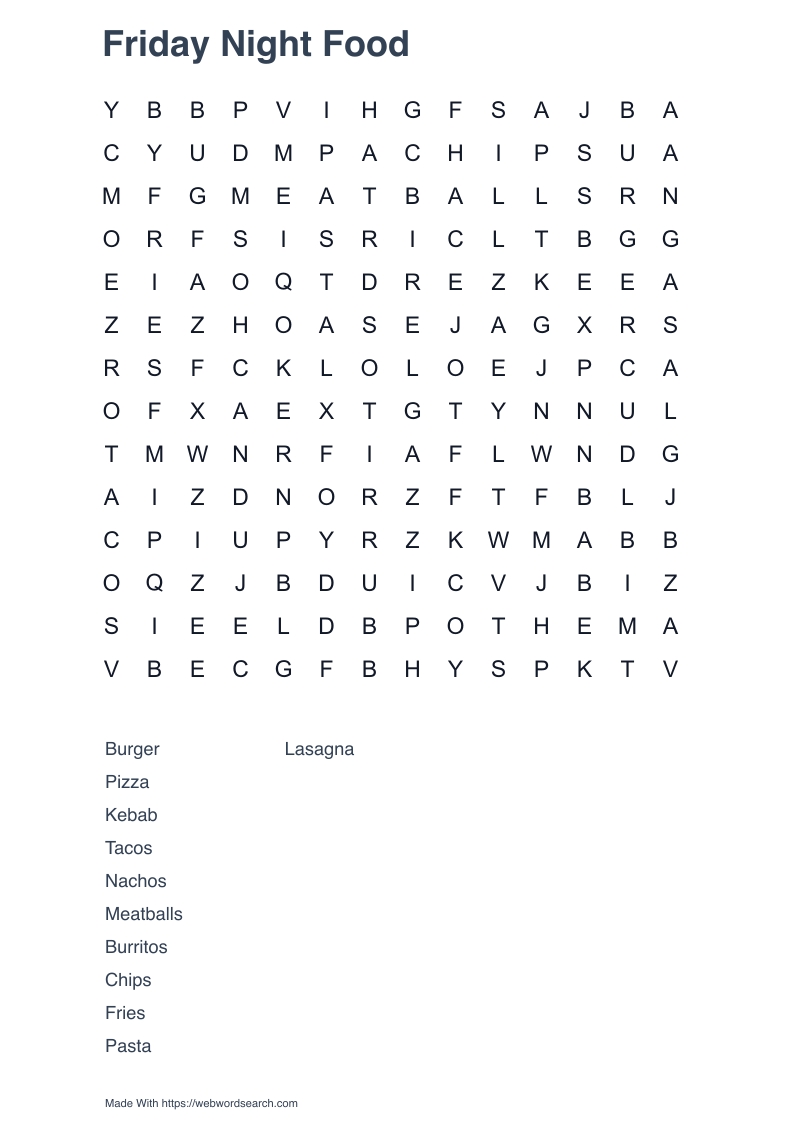 Friday Night Food Word Search