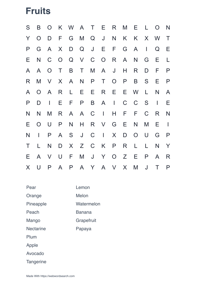 Fruits Word Search