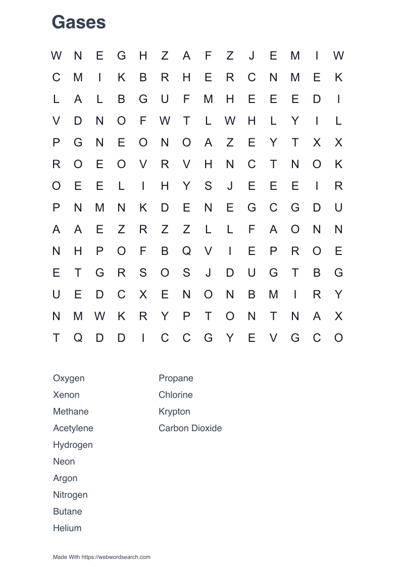 Gases Word Search