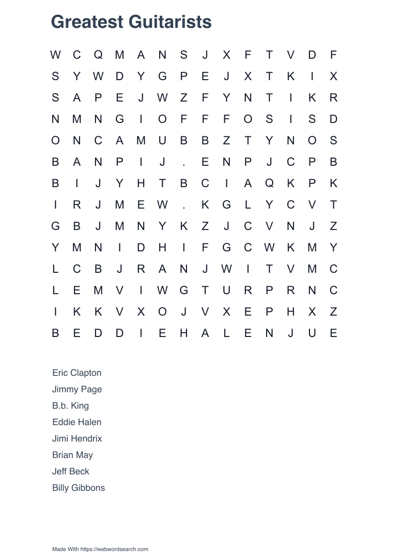 Greatest Guitarists Word Search