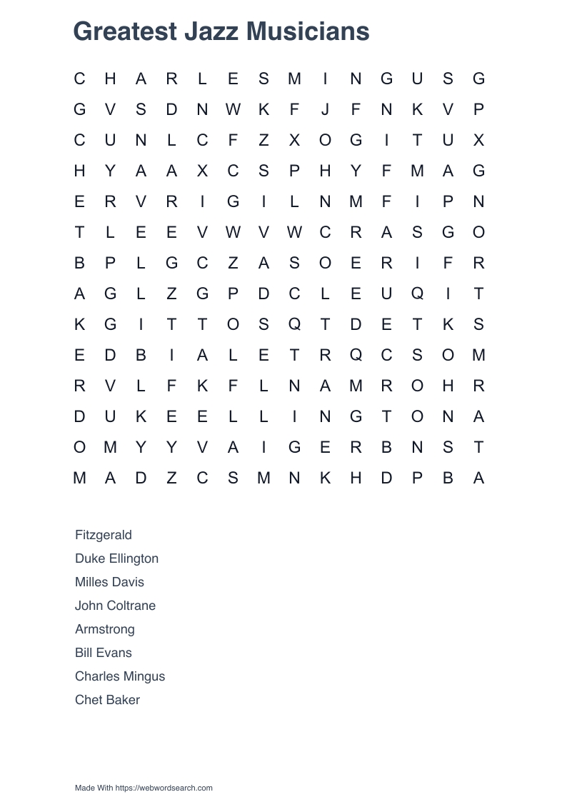 Greatest Jazz Musicians Word Search