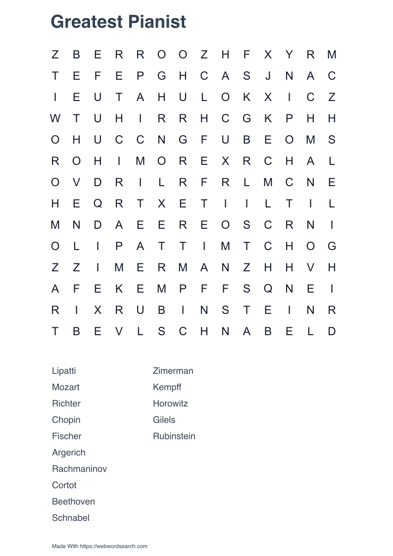 Greatest Pianist Word Search