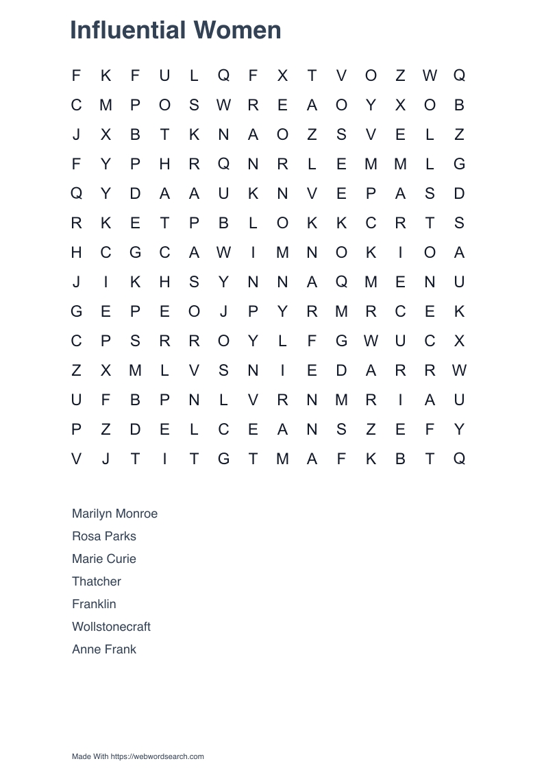 Influential Women Word Search