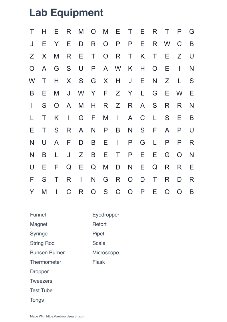 Lab Equipment Word Search