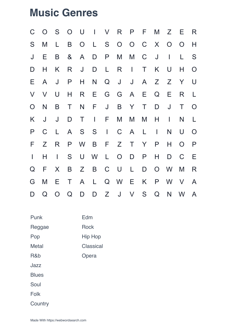 Music Genres Word Search