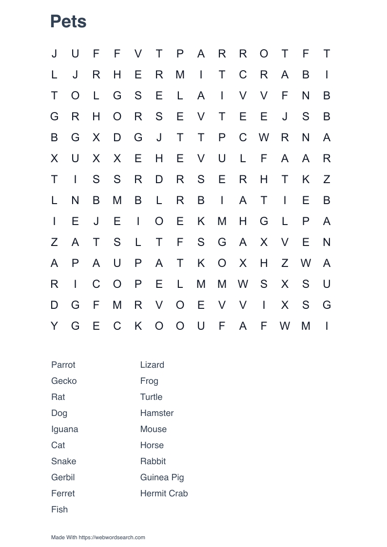 Pets Word Search