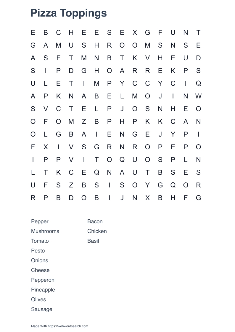 Pizza Toppings Word Search