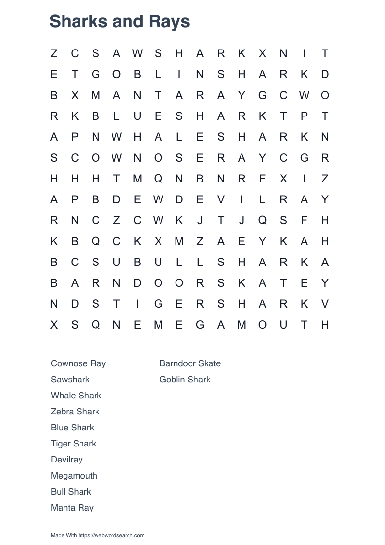 Sharks and Rays Word Search