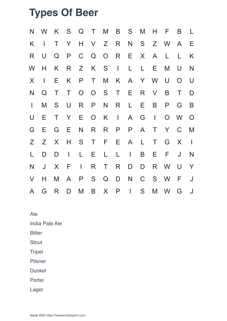 Types Of Beer Word Search
