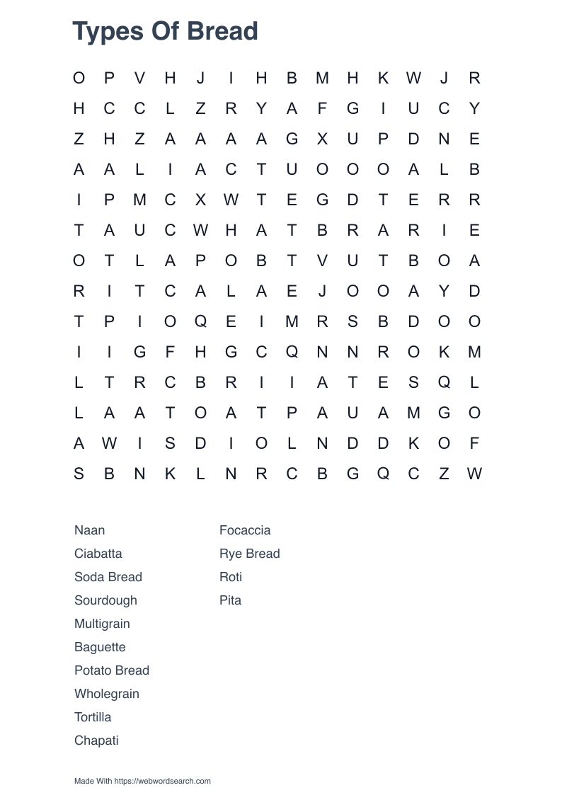 Types Of Bread Word Search