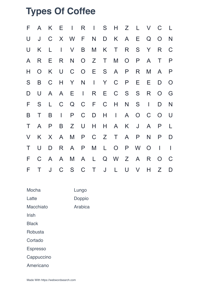 Types Of Coffee Word Search