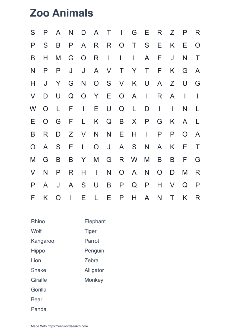 Zoo Animals Word Search